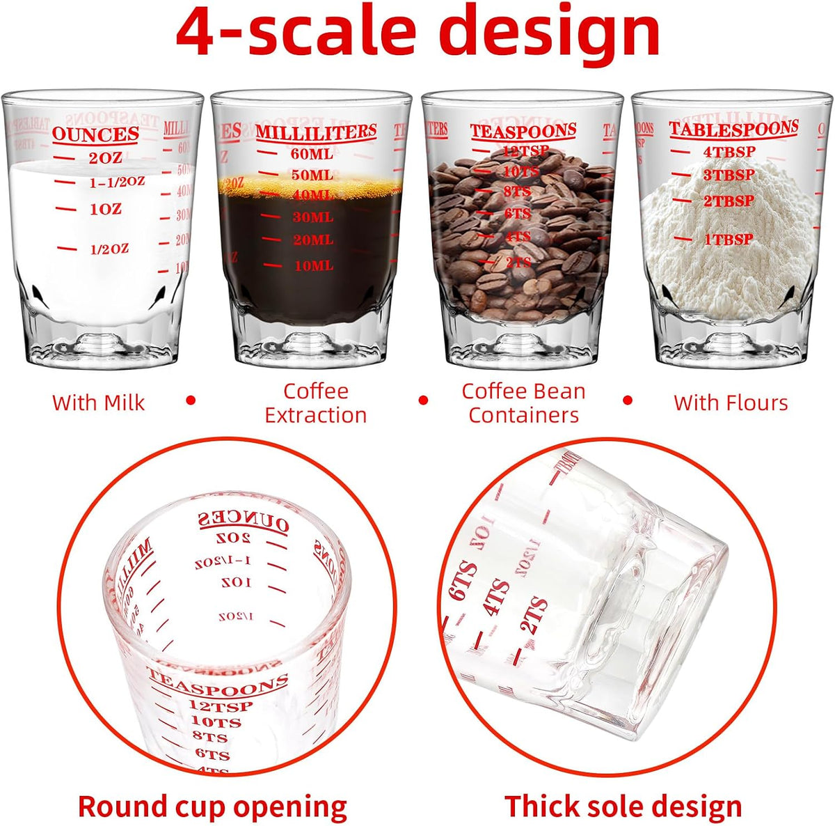 2 OZ 4 Features Shot Glasses Measuring cup Liquid Heavy Glass Wine Glass Espresso Shot -Incremental Measurement Heavy 60ML (2, Black)