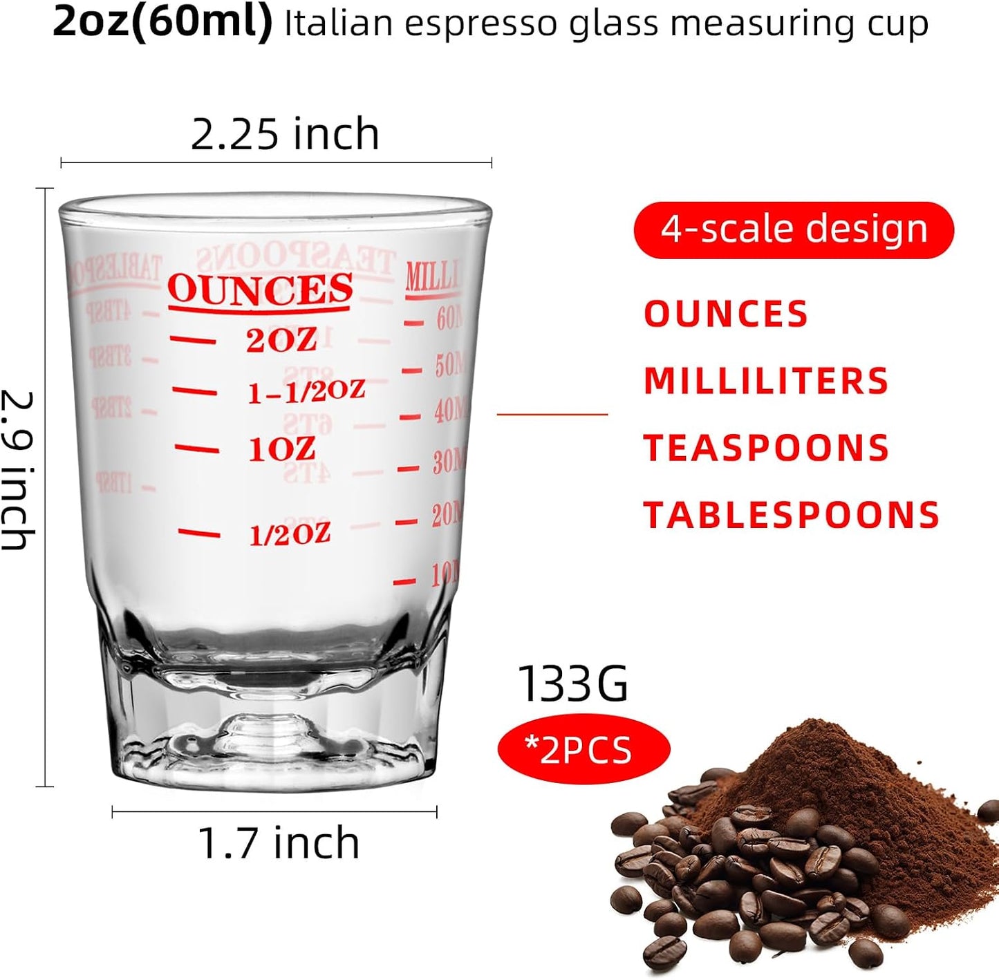 2 OZ 4 Features Shot Glasses Measuring cup Liquid Heavy Glass Wine Glass Espresso Shot -Incremental Measurement Heavy 60ML (2, Black)