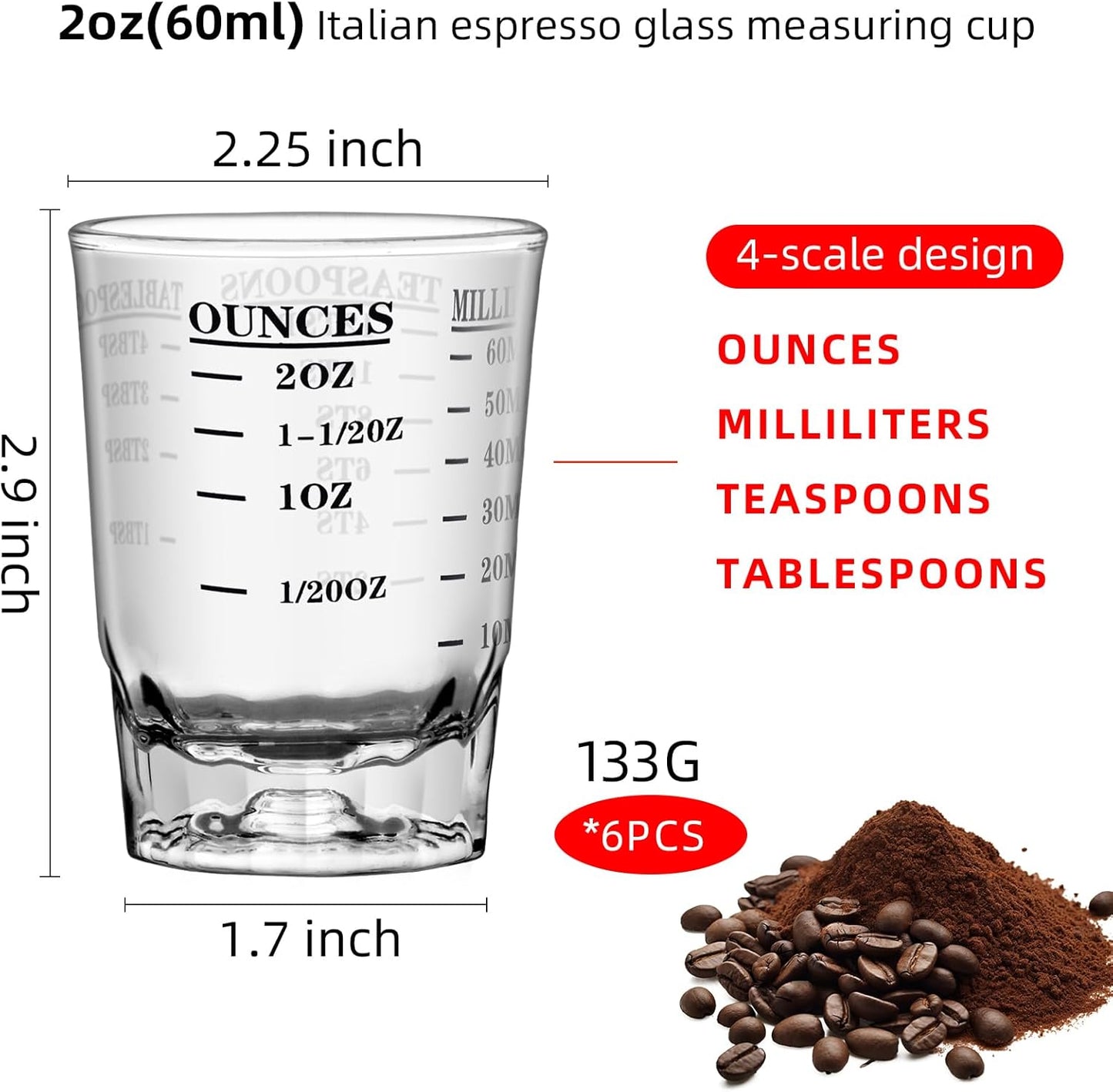 2 OZ 4 Features Shot Glasses Measuring cup Liquid Heavy Glass Wine Glass Espresso Shot -Incremental Measurement Heavy 60ML (2, Black)