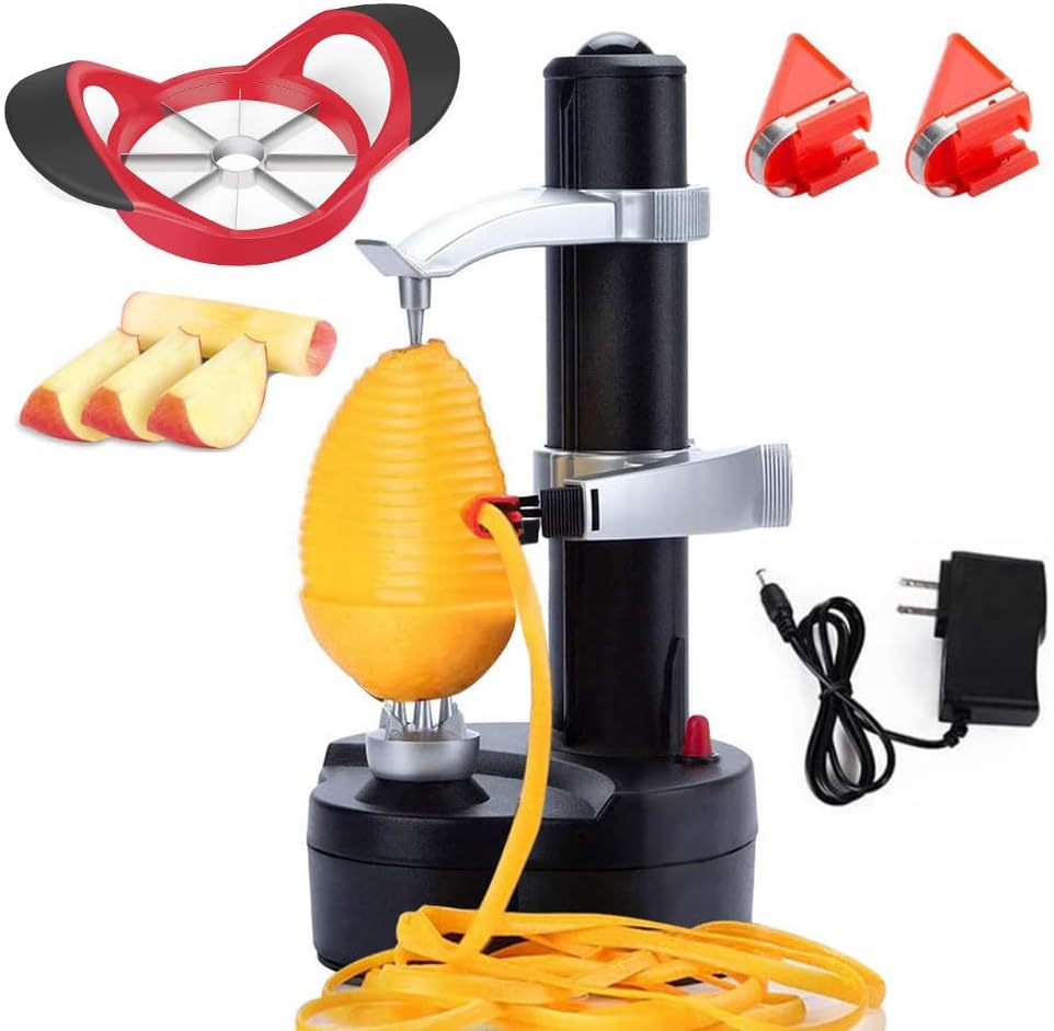 Electric Potato Peeler Automatic Apple Peeler, Smart Vegetable Fruit Peeler, Electric Peeler Machine [1 Adapter 2 Extra Blades] with Apple Slicer Corer (Black-R)