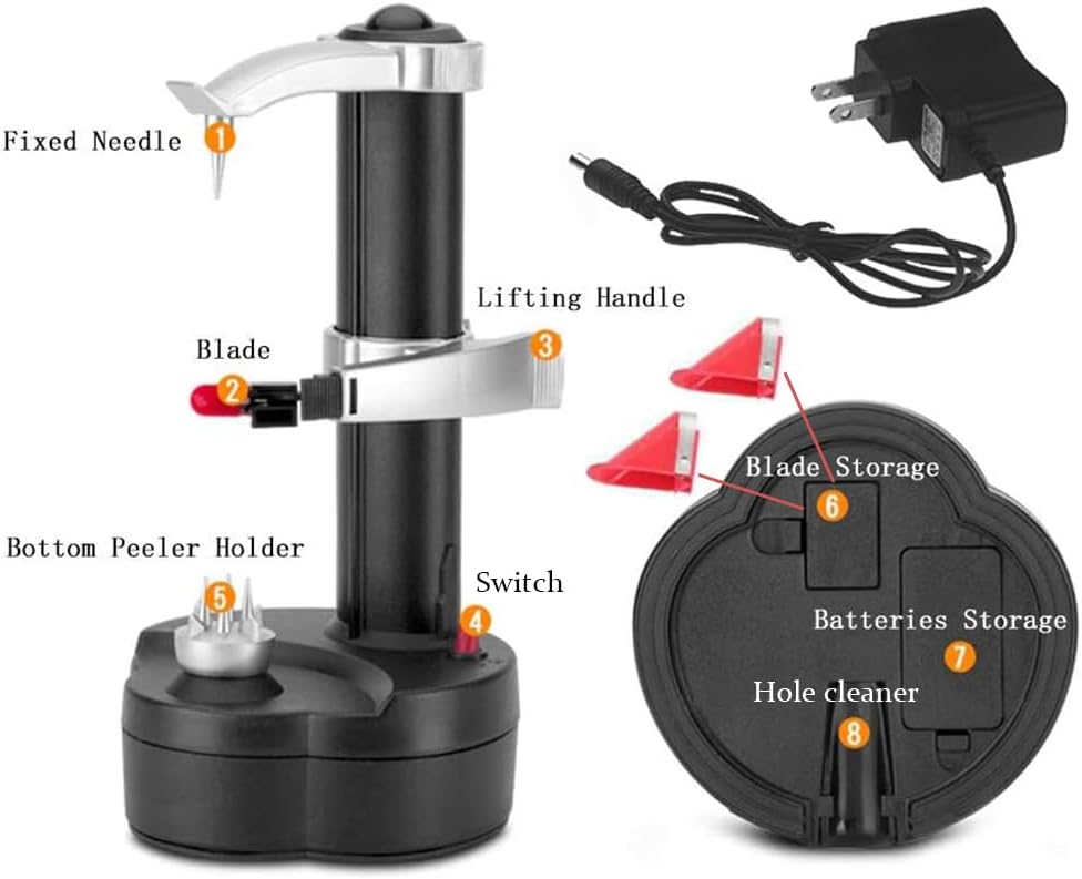 Electric Potato Peeler Automatic Apple Peeler, Smart Vegetable Fruit Peeler, Electric Peeler Machine [1 Adapter 2 Extra Blades] with Apple Slicer Corer (Black-R)