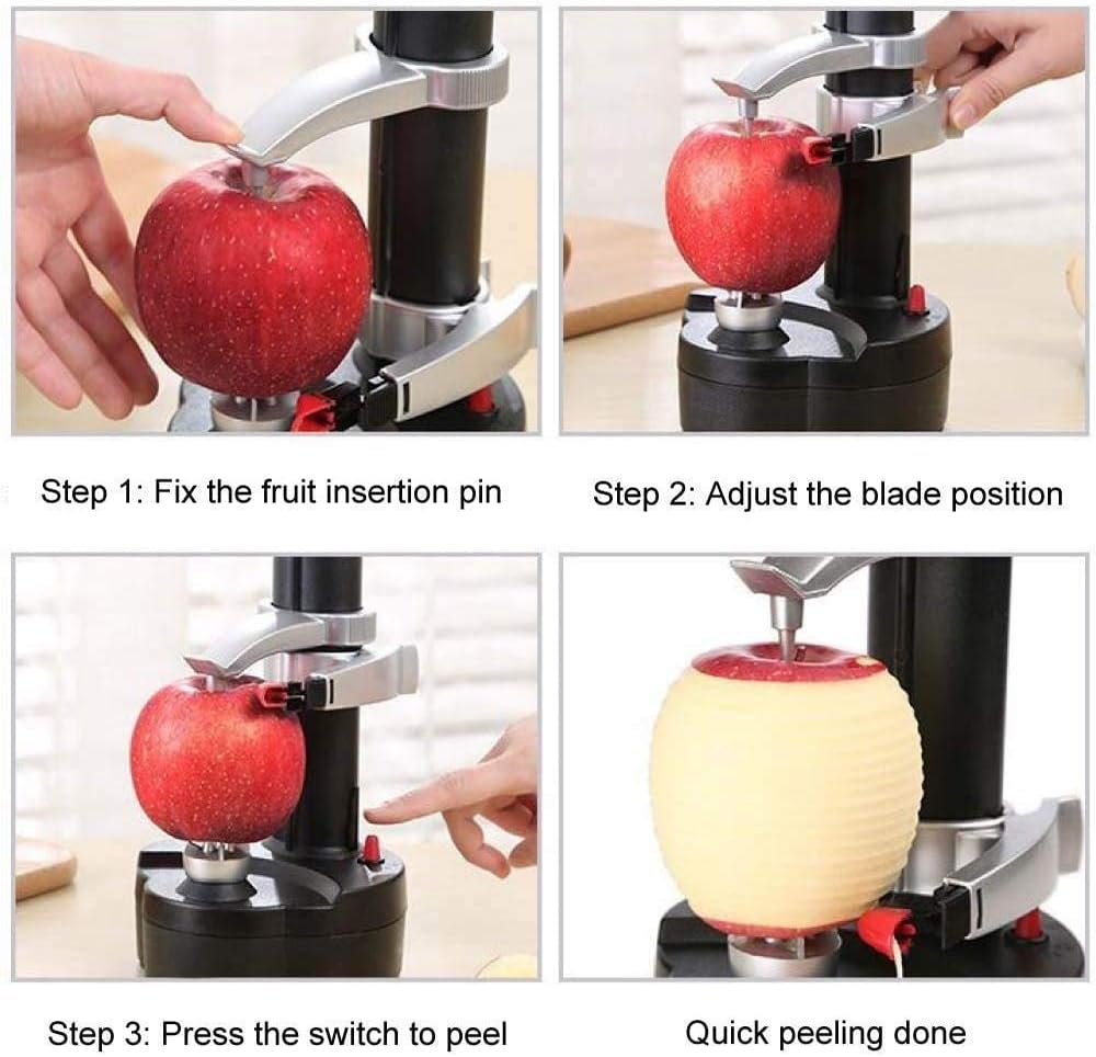 Electric Potato Peeler Automatic Apple Peeler, Smart Vegetable Fruit Peeler, Electric Peeler Machine [1 Adapter 2 Extra Blades] with Apple Slicer Corer (Black-R)