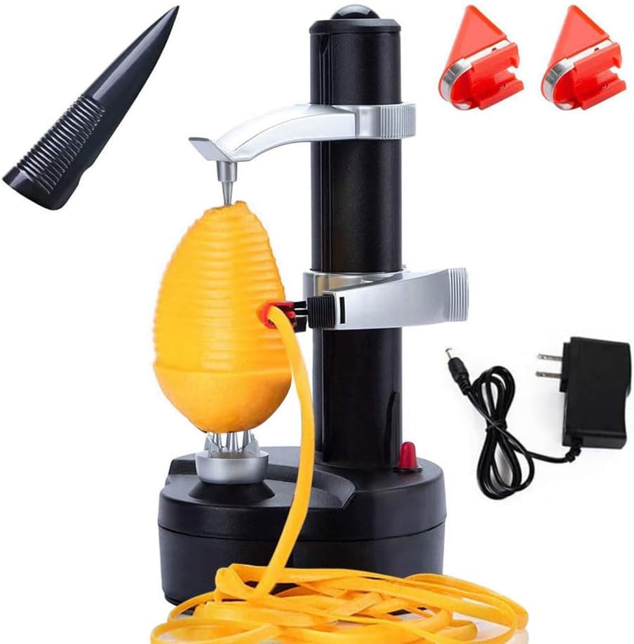 Electric Potato Peeler Automatic Apple Peeler, Smart Vegetable Fruit Peeler, Electric Peeler Machine [1 Adapter 2 Extra Blades] with Apple Slicer Corer (Black-R)