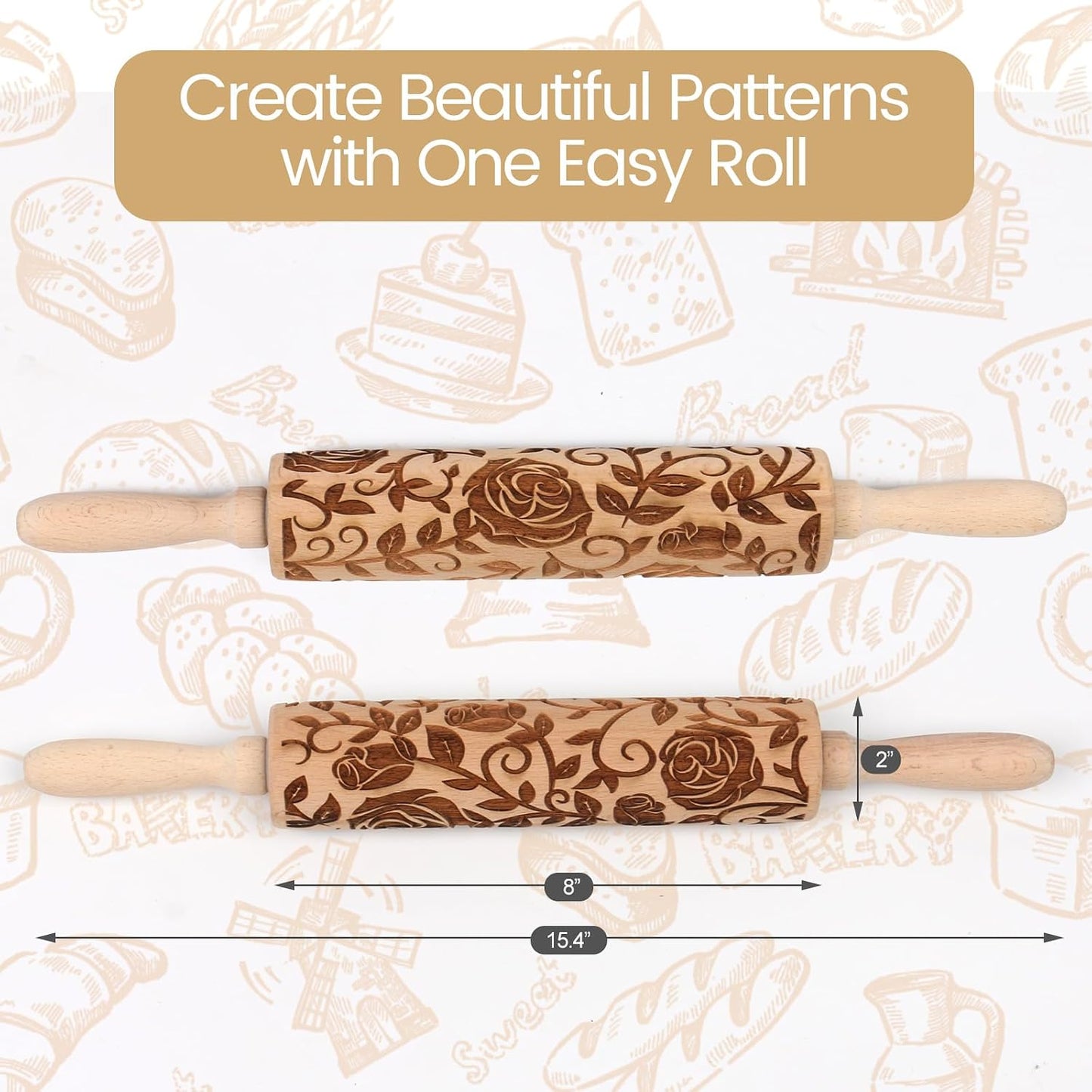 Floral Vine Embossed Rolling Pins for Cookies, Wooden Engraved Rolling Pins for Baking, Embossing Rolling Pins with Designs, Patterned Rolling Pin Decorative Springerle Mold Stamp Clay Pattern Roller