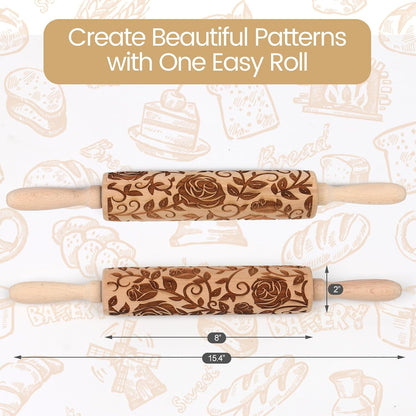 Floral Vine Embossed Rolling Pins for Cookies, Wooden Engraved Rolling Pins for Baking, Embossing Rolling Pins with Designs, Patterned Rolling Pin Decorative Springerle Mold Stamp Clay Pattern Roller