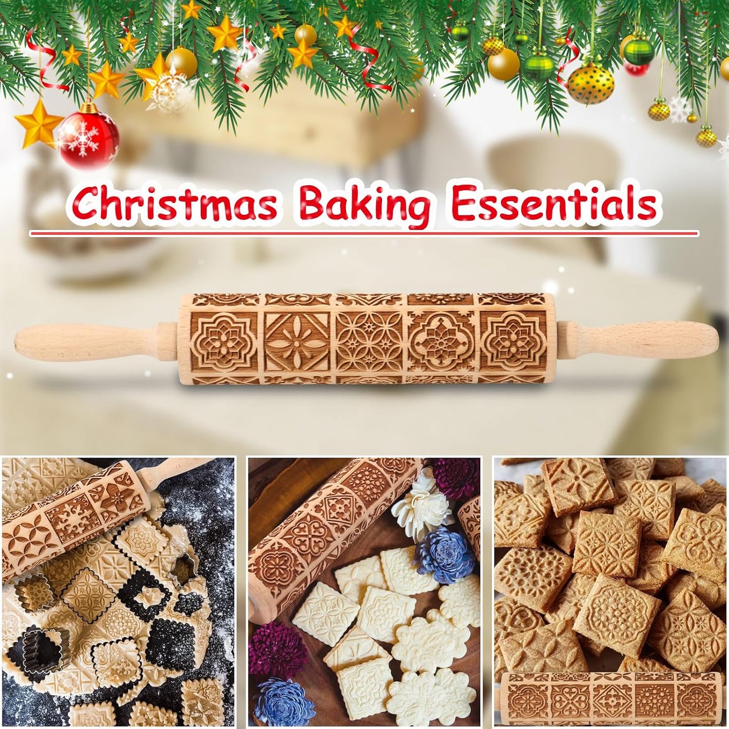 Floral Vine Embossed Rolling Pins for Cookies, Wooden Engraved Rolling Pins for Baking, Embossing Rolling Pins with Designs, Patterned Rolling Pin Decorative Springerle Mold Stamp Clay Pattern Roller