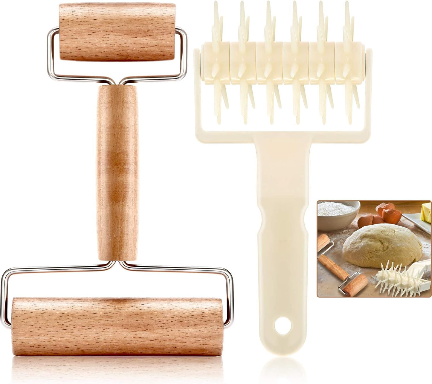 2 Pcs Pizza Dough Roller Docker Set, Plastic Dough Docker Pastry Roller with Spikes Non-stick Wooden Rolling Pin for Cookie, Pie, Pastry, Bread, Crust