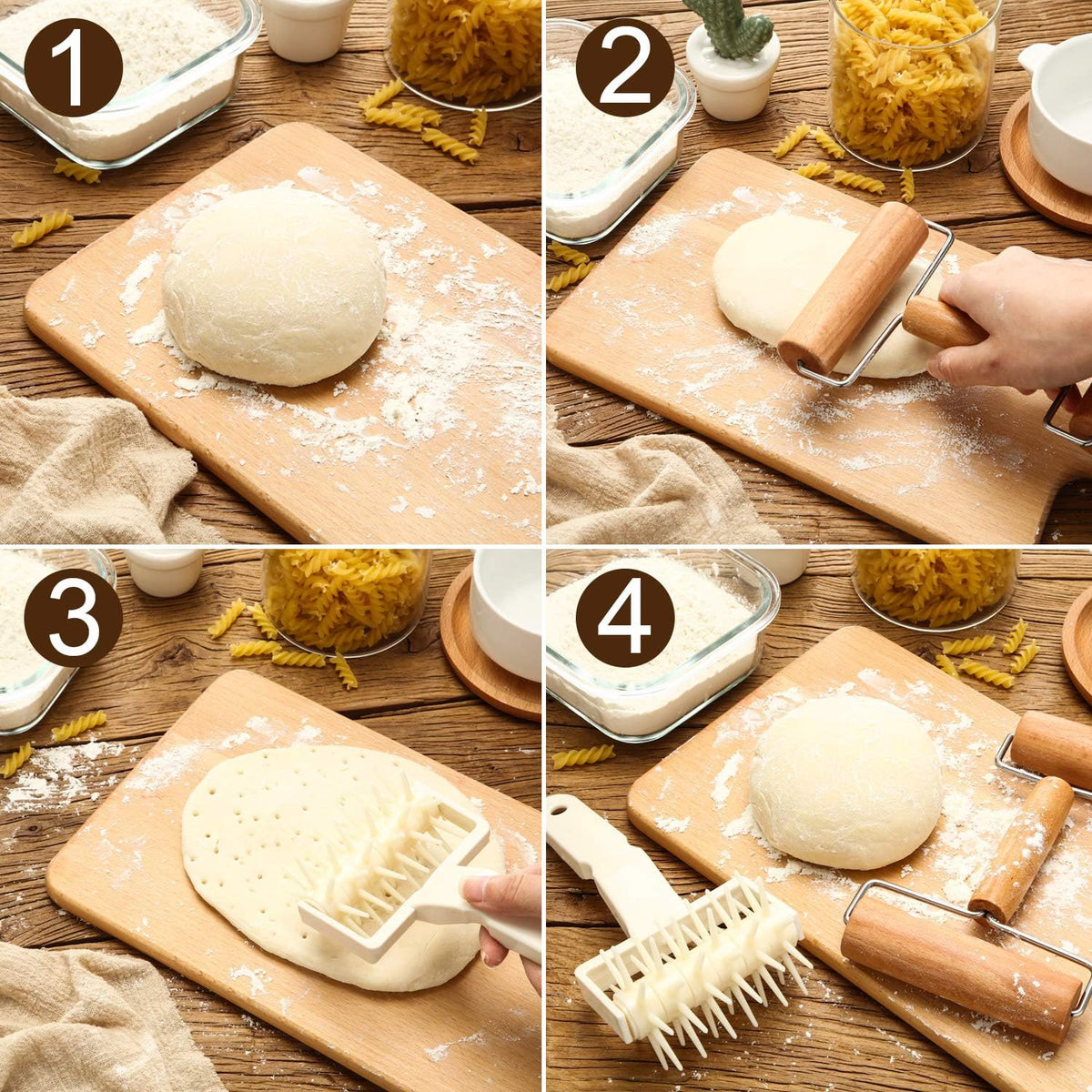 2 Pcs Pizza Dough Roller Docker Set, Plastic Dough Docker Pastry Roller with Spikes Non-stick Wooden Rolling Pin for Cookie, Pie, Pastry, Bread, Crust
