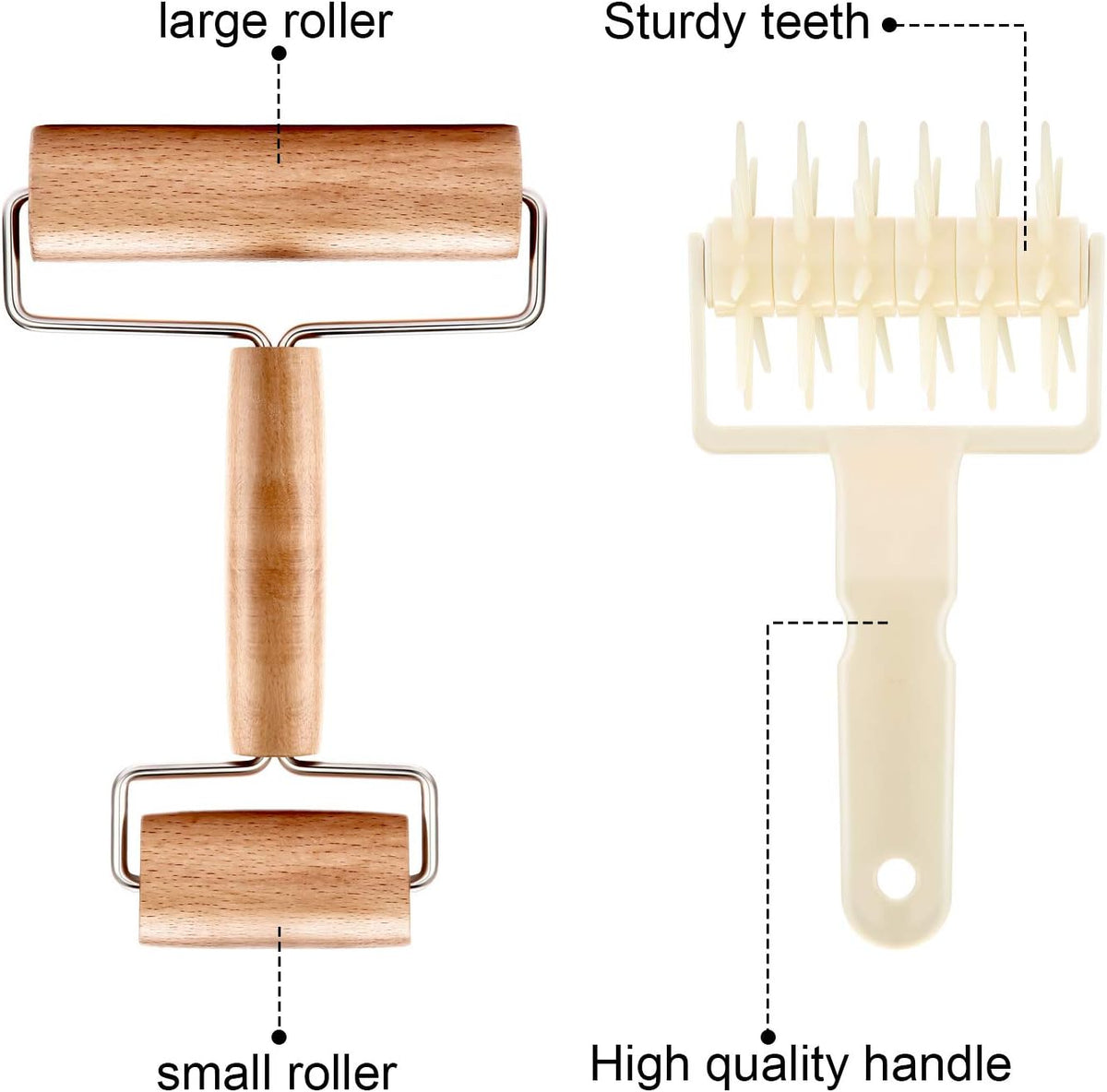2 Pcs Pizza Dough Roller Docker Set, Plastic Dough Docker Pastry Roller with Spikes Non-stick Wooden Rolling Pin for Cookie, Pie, Pastry, Bread, Crust