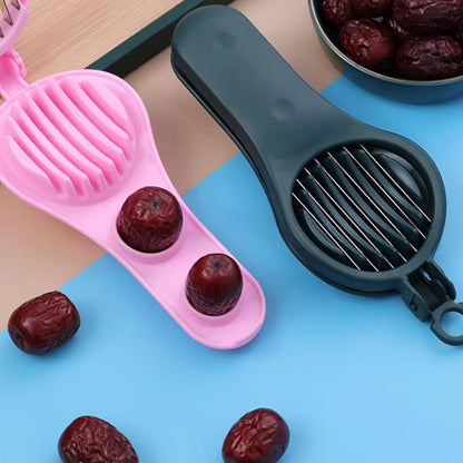 2 in 1 Strawberry Slicer Cherry Pitter, Stainless Steel Fruit Cutter for Hawthorn Plums and Olives Kitchen Baking Tool (Green)