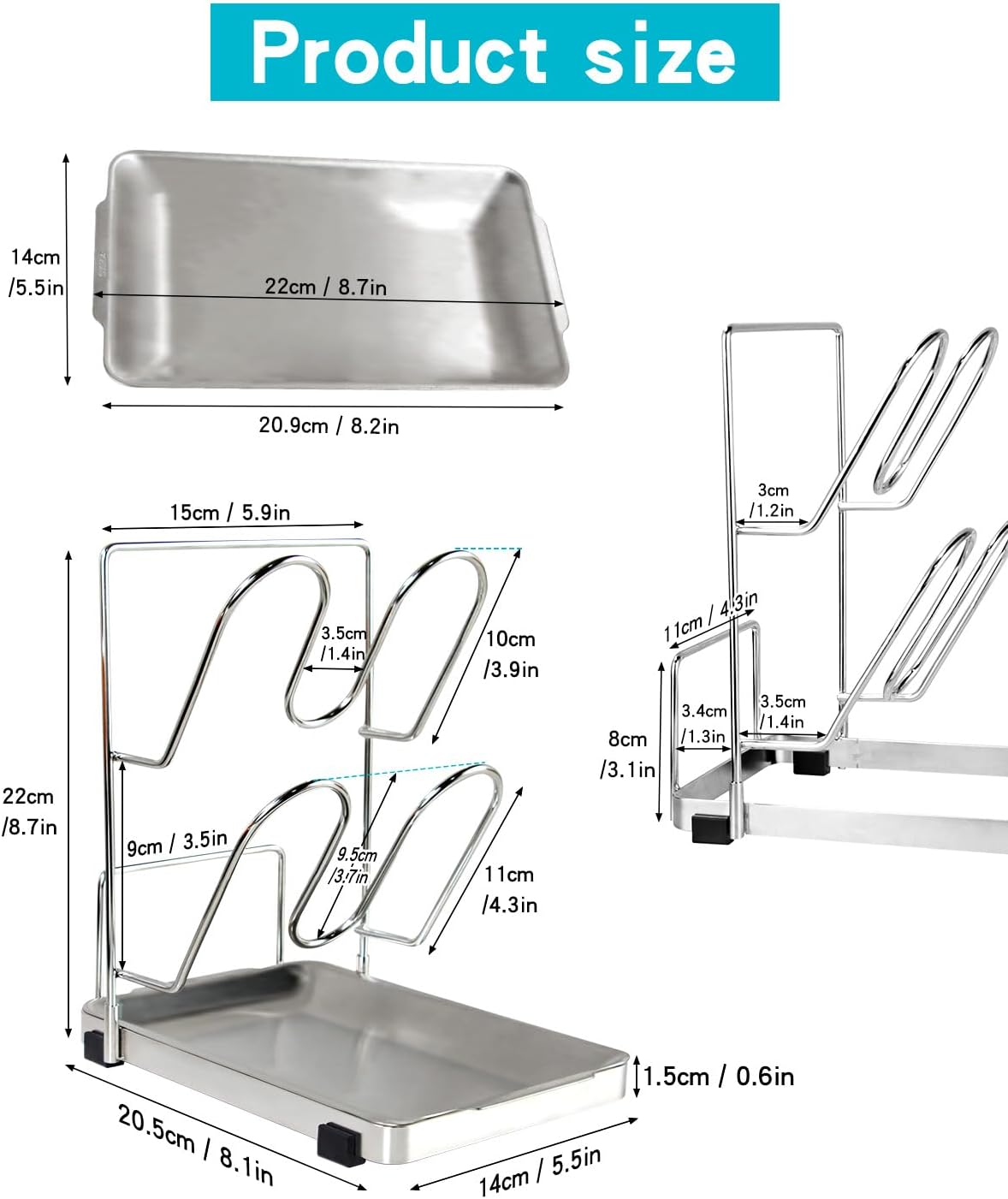 Pot Lid Holder, Two-Compartment Stainless Steel Cooking Rack, Spoon Rest with Lid Holder, Spatula Holder for Counter, Stove Top Shelf Spoon and Lid Rest, Pot Lid Organizer