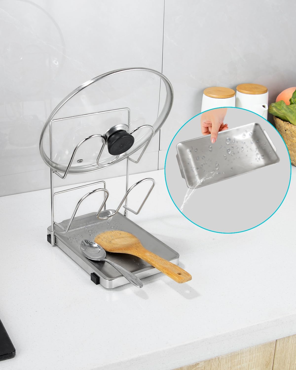 Pot Lid Holder, Two-Compartment Stainless Steel Cooking Rack, Spoon Rest with Lid Holder, Spatula Holder for Counter, Stove Top Shelf Spoon and Lid Rest, Pot Lid Organizer