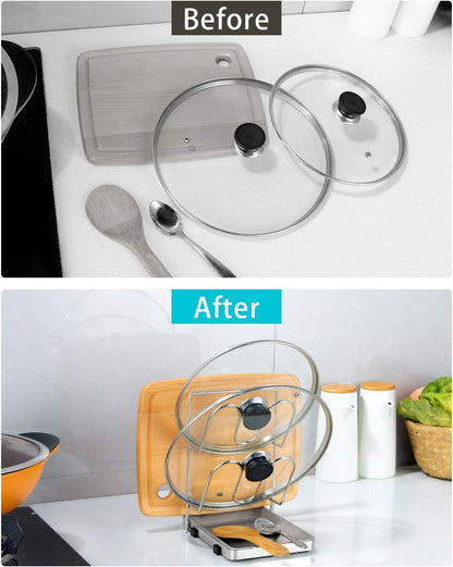 Pot Lid Holder, Two-Compartment Stainless Steel Cooking Rack, Spoon Rest with Lid Holder, Spatula Holder for Counter, Stove Top Shelf Spoon and Lid Rest, Pot Lid Organizer