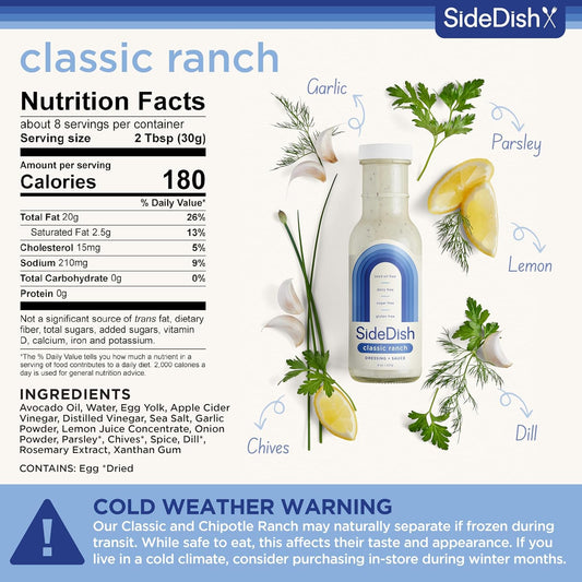 Classic Ranch Dressing - Seed Oil Free, Dairy Free & Gluten Free Salad Dressing w/Avocado Oil - Sugar Free, Low Sodium Healthy Ranch Dressing - Paleo Dressing for Sauces & More - 8 fl oz