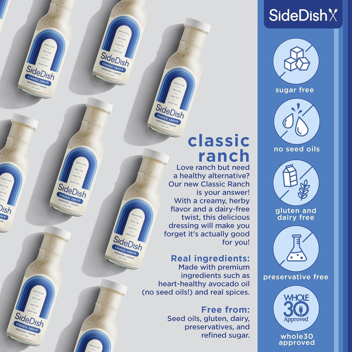 Classic Ranch Dressing - Seed Oil Free, Dairy Free & Gluten Free Salad Dressing w/Avocado Oil - Sugar Free, Low Sodium Healthy Ranch Dressing - Paleo Dressing for Sauces & More - 8 fl oz