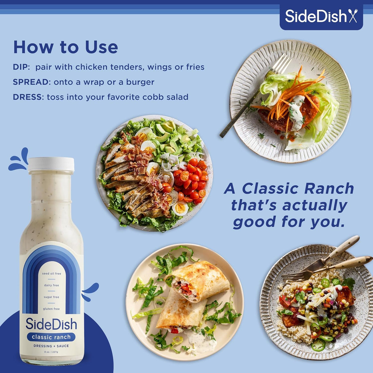 Classic Ranch Dressing - Seed Oil Free, Dairy Free & Gluten Free Salad Dressing w/Avocado Oil - Sugar Free, Low Sodium Healthy Ranch Dressing - Paleo Dressing for Sauces & More - 8 fl oz