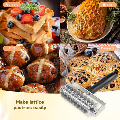 Pastry Lattice Roller Cutter - Stainless Steel Professional Dough Lattice | Top Pie Pizza Bread Pastry Crust Lattice Roller Cutter wheel