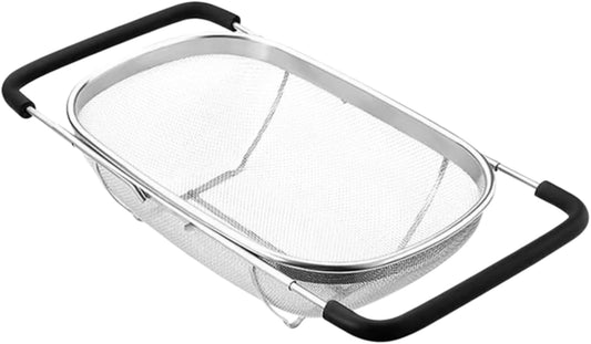 Over The Sink Colander, Stainless Steel Fine Mesh Expandable Colander, Sink Colander for Kitchen, 6-Quart Expandable Strainer Over The Sink for Straining, Draining, Rinsing Fruits And Vegetables