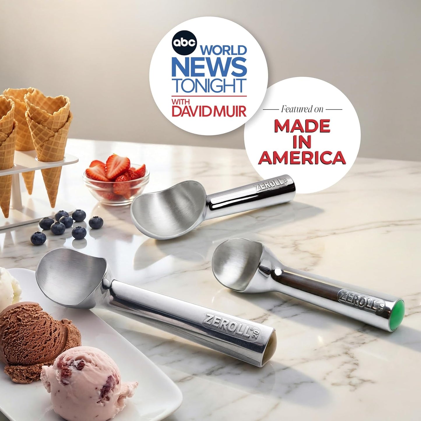 Original Ice Cream Scoop Unique Liquid Filled Heat Conductive Handle Simple One Piece Aluminum Design Easy Release Made in USA, 2.5-Ounce, Silver