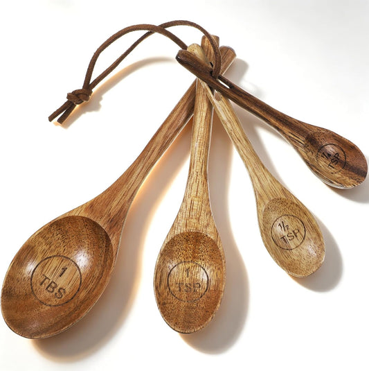 4Pcs Measuring Spoons and Scoops Set, Retro Measuring Scoops Includes 1/4 tsp, 1/2 tsp, 1 tsp & 1 tbsp, Wooden Measuring Spoons for Dry Ingredients Coffee Powder
