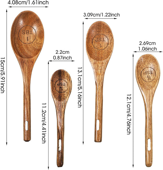 4Pcs Measuring Spoons and Scoops Set, Retro Measuring Scoops Includes 1/4 tsp, 1/2 tsp, 1 tsp & 1 tbsp, Wooden Measuring Spoons for Dry Ingredients Coffee Powder