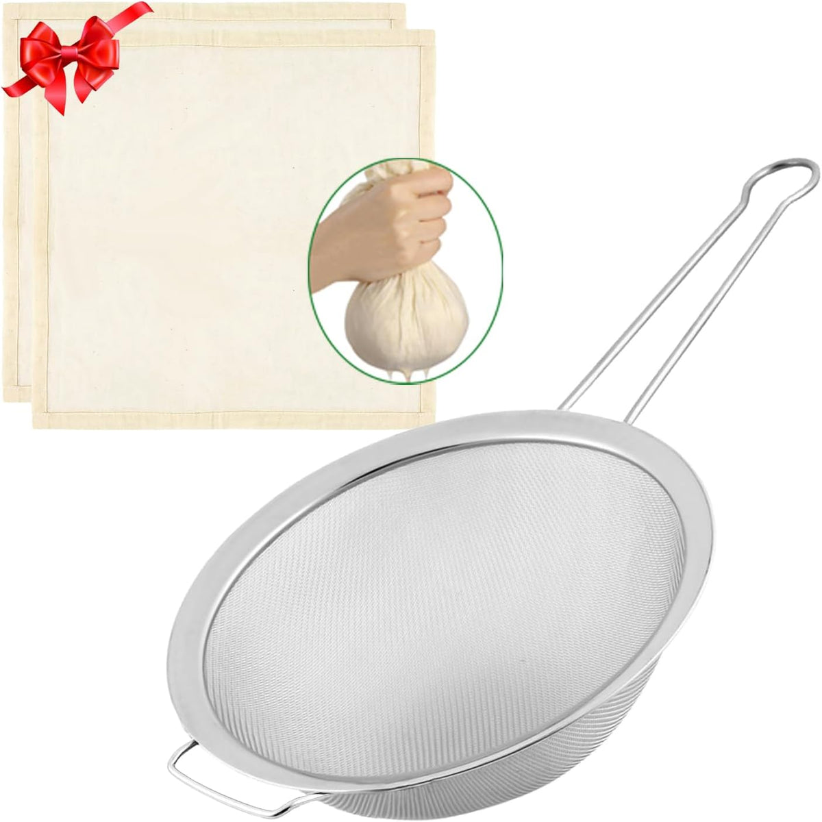 Fine Mesh Strainer with Sturdy Handle, 7.76 Inch Stainless Steel Strainers, Bonus 20x20 Inch Reusable Cotton Cheese Cloths with 4 Hemmed Edges, Sieve Sifter for Straining, Cooking, Baking