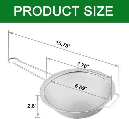 Fine Mesh Strainer with Sturdy Handle, 7.76 Inch Stainless Steel Strainers, Bonus 20x20 Inch Reusable Cotton Cheese Cloths with 4 Hemmed Edges, Sieve Sifter for Straining, Cooking, Baking