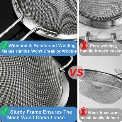 Fine Mesh Strainer with Sturdy Handle, 7.76 Inch Stainless Steel Strainers, Bonus 20x20 Inch Reusable Cotton Cheese Cloths with 4 Hemmed Edges, Sieve Sifter for Straining, Cooking, Baking