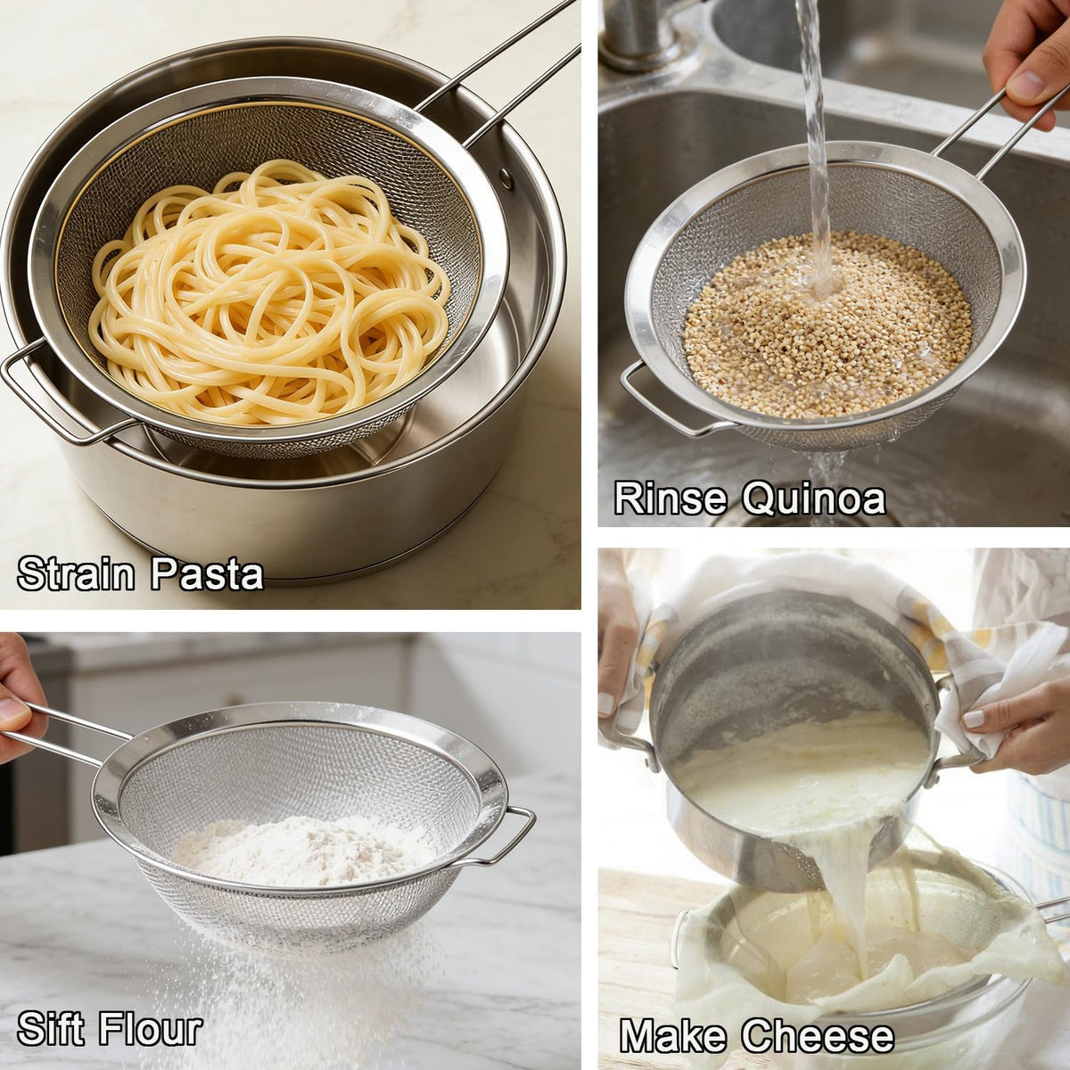 Fine Mesh Strainer with Sturdy Handle, 7.76 Inch Stainless Steel Strainers, Bonus 20x20 Inch Reusable Cotton Cheese Cloths with 4 Hemmed Edges, Sieve Sifter for Straining, Cooking, Baking