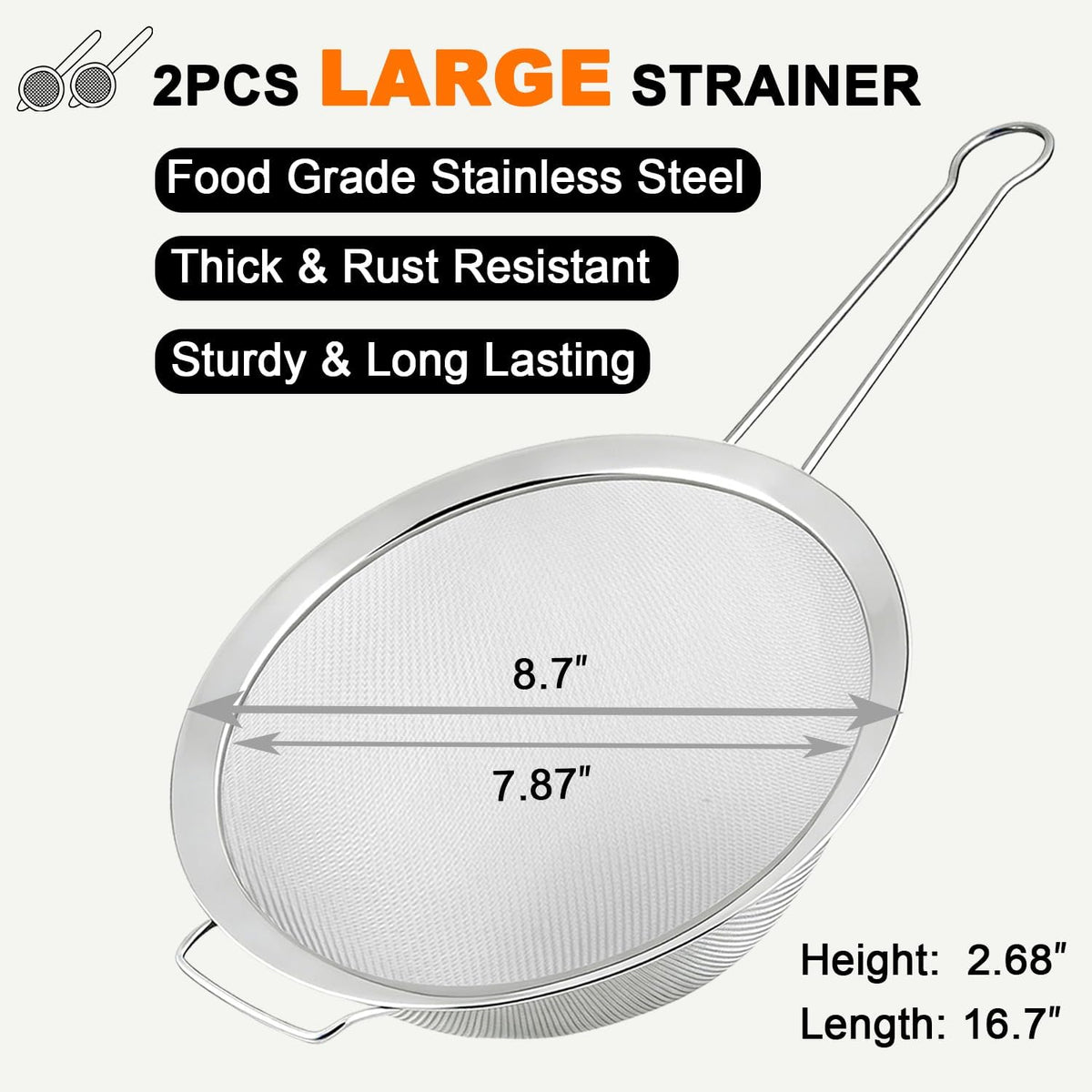 Fine Mesh Strainer with Sturdy Handle, 7.76 Inch Stainless Steel Strainers, Bonus 20x20 Inch Reusable Cotton Cheese Cloths with 4 Hemmed Edges, Sieve Sifter for Straining, Cooking, Baking