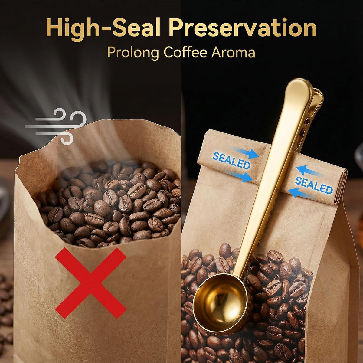 Stainless Steel Coffee Scoop with Clip - Coffee Scoop for Ground Coffee, Precision Coffee Measuring Scoop, Tablespoon Stainless Steel Scoop for Coffee, Tea, Protein Powder (Gold)