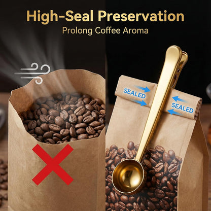Stainless Steel Coffee Scoop with Clip - Coffee Scoop for Ground Coffee, Precision Coffee Measuring Scoop, Tablespoon Stainless Steel Scoop for Coffee, Tea, Protein Powder (Gold)