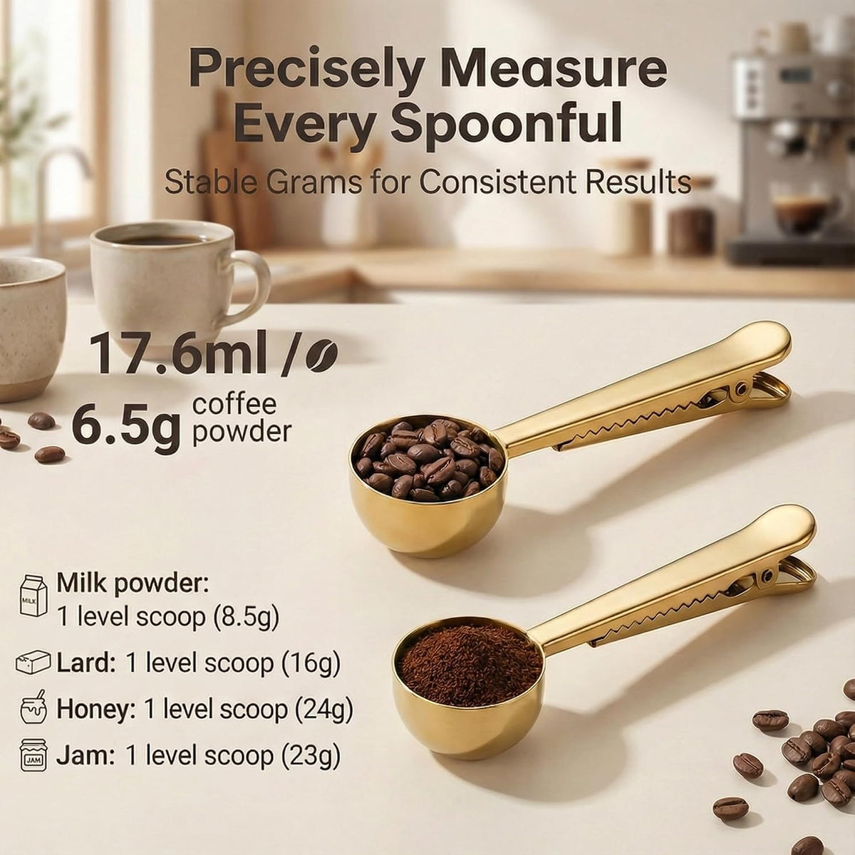 Stainless Steel Coffee Scoop with Clip - Coffee Scoop for Ground Coffee, Precision Coffee Measuring Scoop, Tablespoon Stainless Steel Scoop for Coffee, Tea, Protein Powder (Gold)
