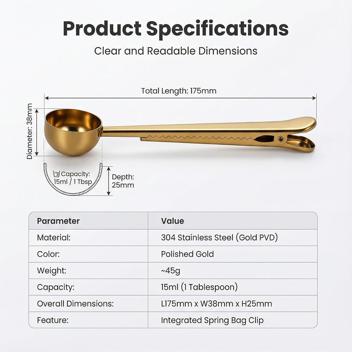 Stainless Steel Coffee Scoop with Clip - Coffee Scoop for Ground Coffee, Precision Coffee Measuring Scoop, Tablespoon Stainless Steel Scoop for Coffee, Tea, Protein Powder (Gold)