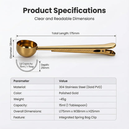 Stainless Steel Coffee Scoop with Clip - Coffee Scoop for Ground Coffee, Precision Coffee Measuring Scoop, Tablespoon Stainless Steel Scoop for Coffee, Tea, Protein Powder (Gold)