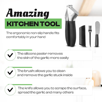 4-in-1 Garlic Press Set - Stainless Steel Garlic Press, Garlic Press, Chopper, Grinder, Grater, Mincer with Peeler, Silicone Tube Roller, Brush and Knife - The Essential Garlic Mincing Kit