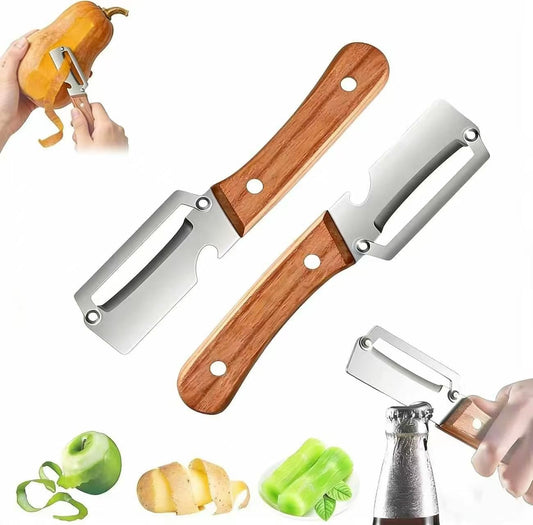 Premium Vegetable Peeler, 2026 New 2 in 1 Multi Functional Vegetable Peeler with Bottle Opener and Wooden Handle Stainless Steel Blade Kitchen Tool(2PCS)
