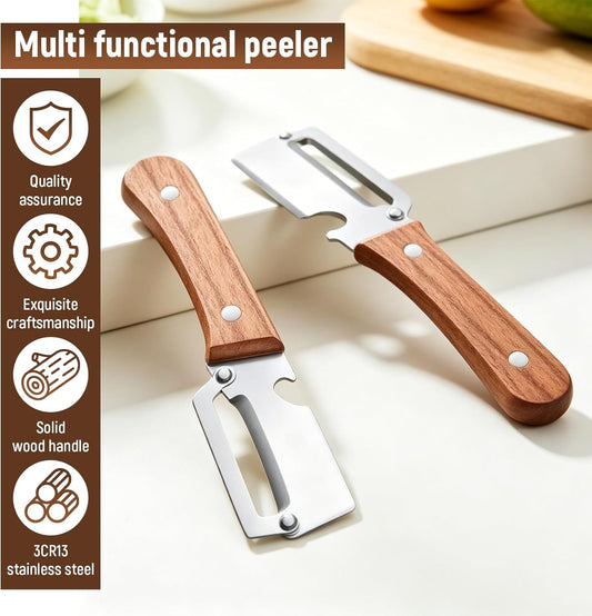Premium Vegetable Peeler, 2026 New 2 in 1 Multi Functional Vegetable Peeler with Bottle Opener and Wooden Handle Stainless Steel Blade Kitchen Tool(2PCS)