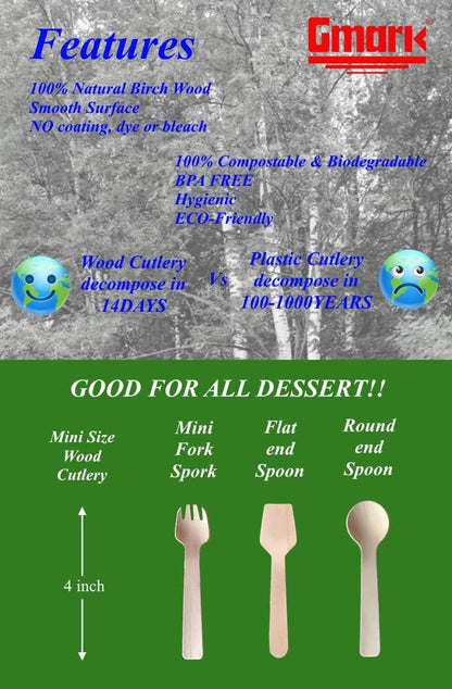 1.5mm Extra-Thick Mini Wooden Spoons (4 Inch) - Heavy Duty Birch Wood - Sturdy No-Snap Disposable Spoons for Gelato, Desserts & Charcuterie - Eco-Friendly & Compostable GM1042A