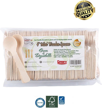 1.5mm Extra-Thick Mini Wooden Spoons (4 Inch) - Heavy Duty Birch Wood - Sturdy No-Snap Disposable Spoons for Gelato, Desserts & Charcuterie - Eco-Friendly & Compostable GM1042A