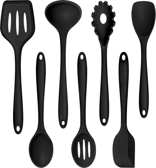 Silicone Cooking Utensil Set of 7, Kitchen Cooking Utensil Set | Black Kitchen Tools Turner Spoon Spatula Ladle Pasta Server for Nonstick Cookware, Healthy & Heat Resistant & Dishwasher Safe
