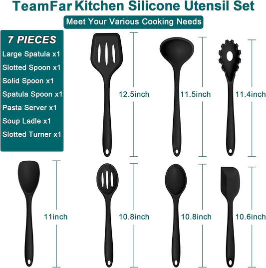 Silicone Cooking Utensil Set of 7, Kitchen Cooking Utensil Set | Black Kitchen Tools Turner Spoon Spatula Ladle Pasta Server for Nonstick Cookware, Healthy & Heat Resistant & Dishwasher Safe