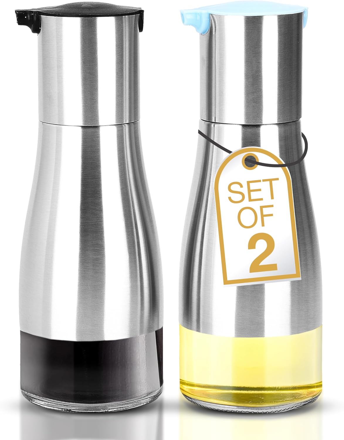 Oil and Vinegar Dispenser Set - Brushed Steel & Glass Containers with Anti-Drip Spout Lid - Easy-Clean - Olive Oil Dispenser Bottle - Minimalist Kitchen Accessory - 7.1"H x 2.7"L x 2.7"W