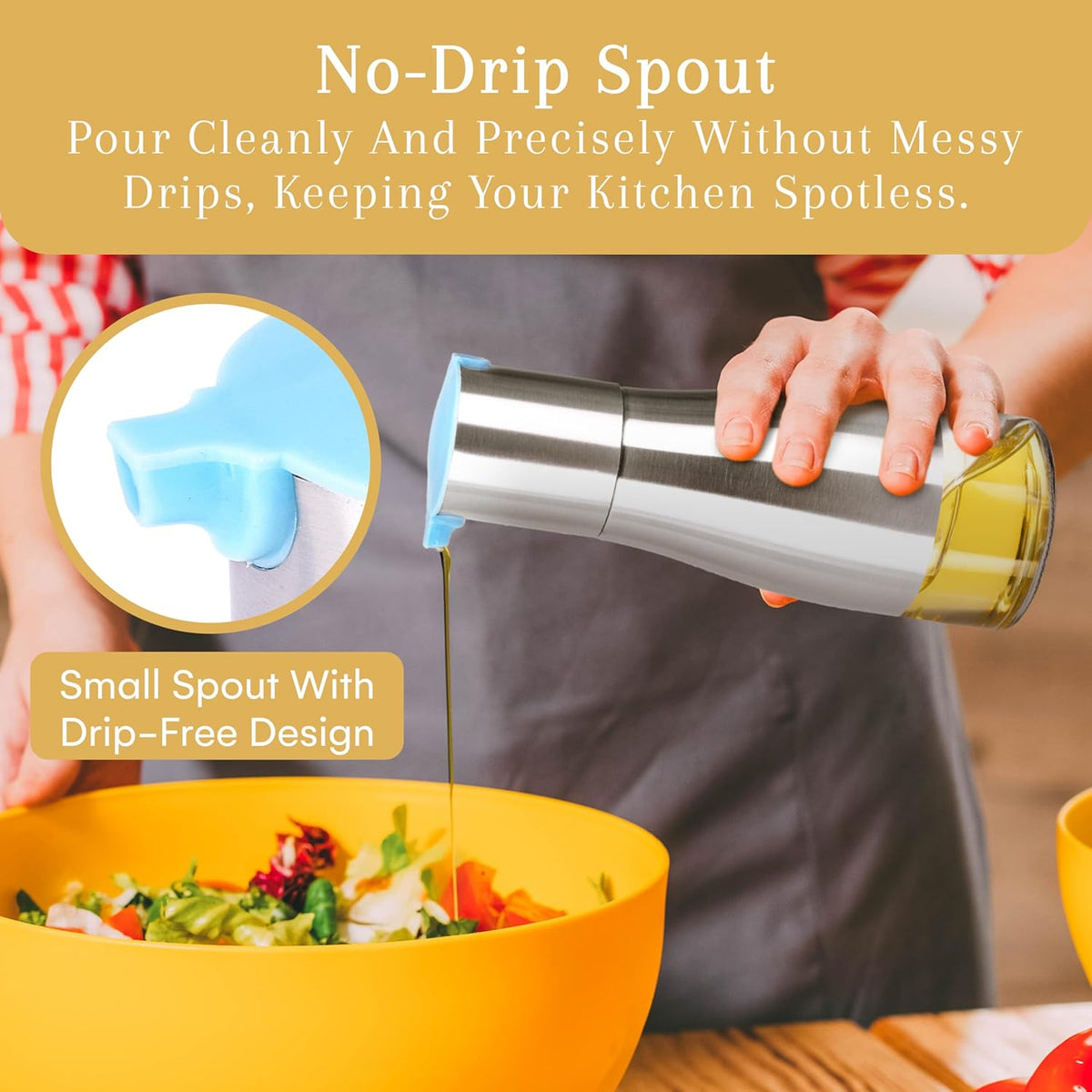 Oil and Vinegar Dispenser Set - Brushed Steel & Glass Containers with Anti-Drip Spout Lid - Easy-Clean - Olive Oil Dispenser Bottle - Minimalist Kitchen Accessory - 7.1"H x 2.7"L x 2.7"W