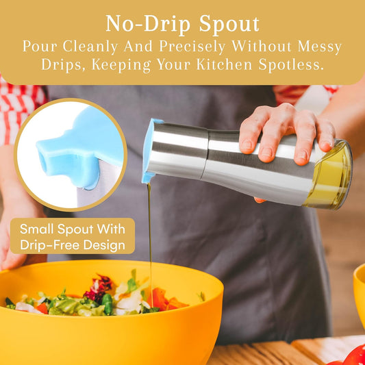 Oil and Vinegar Dispenser Set - Brushed Steel & Glass Containers with Anti-Drip Spout Lid - Easy-Clean - Olive Oil Dispenser Bottle - Minimalist Kitchen Accessory - 7.1"H x 2.7"L x 2.7"W