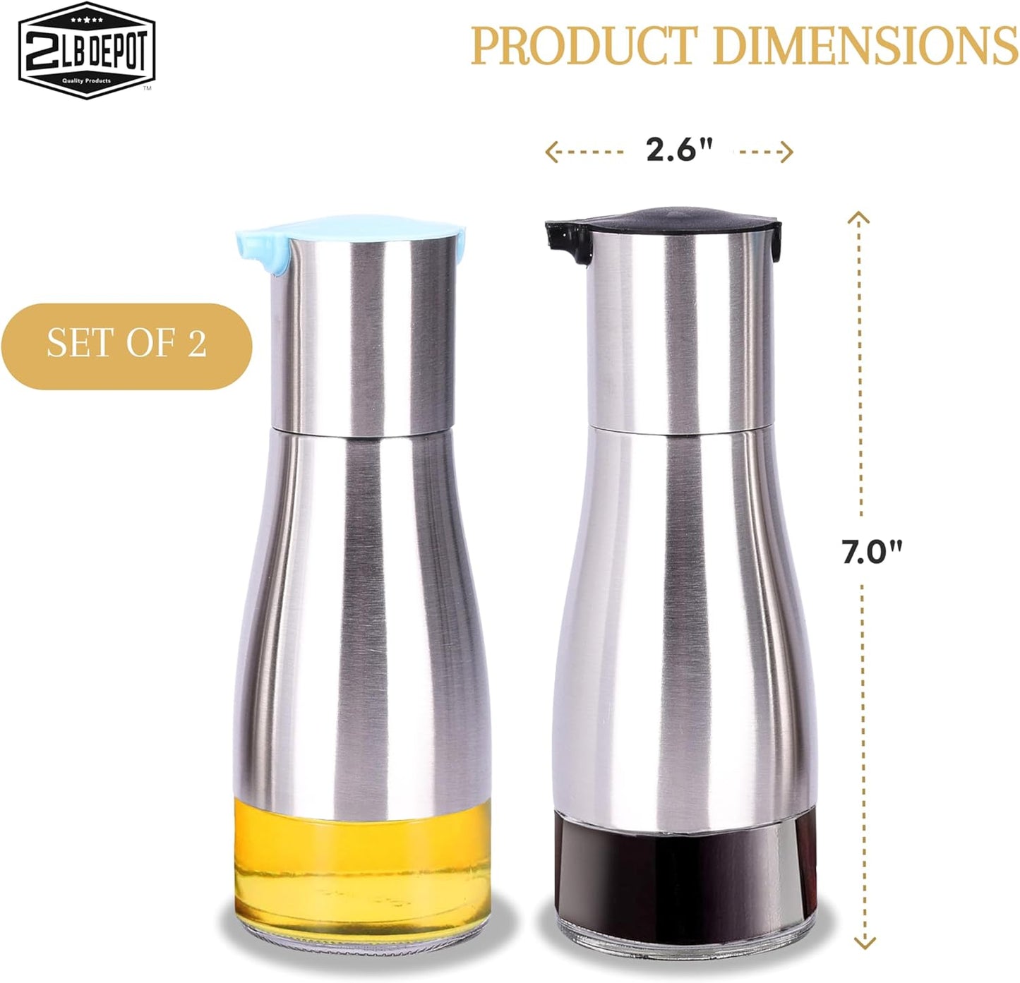 Oil and Vinegar Dispenser Set - Brushed Steel & Glass Containers with Anti-Drip Spout Lid - Easy-Clean - Olive Oil Dispenser Bottle - Minimalist Kitchen Accessory - 7.1"H x 2.7"L x 2.7"W