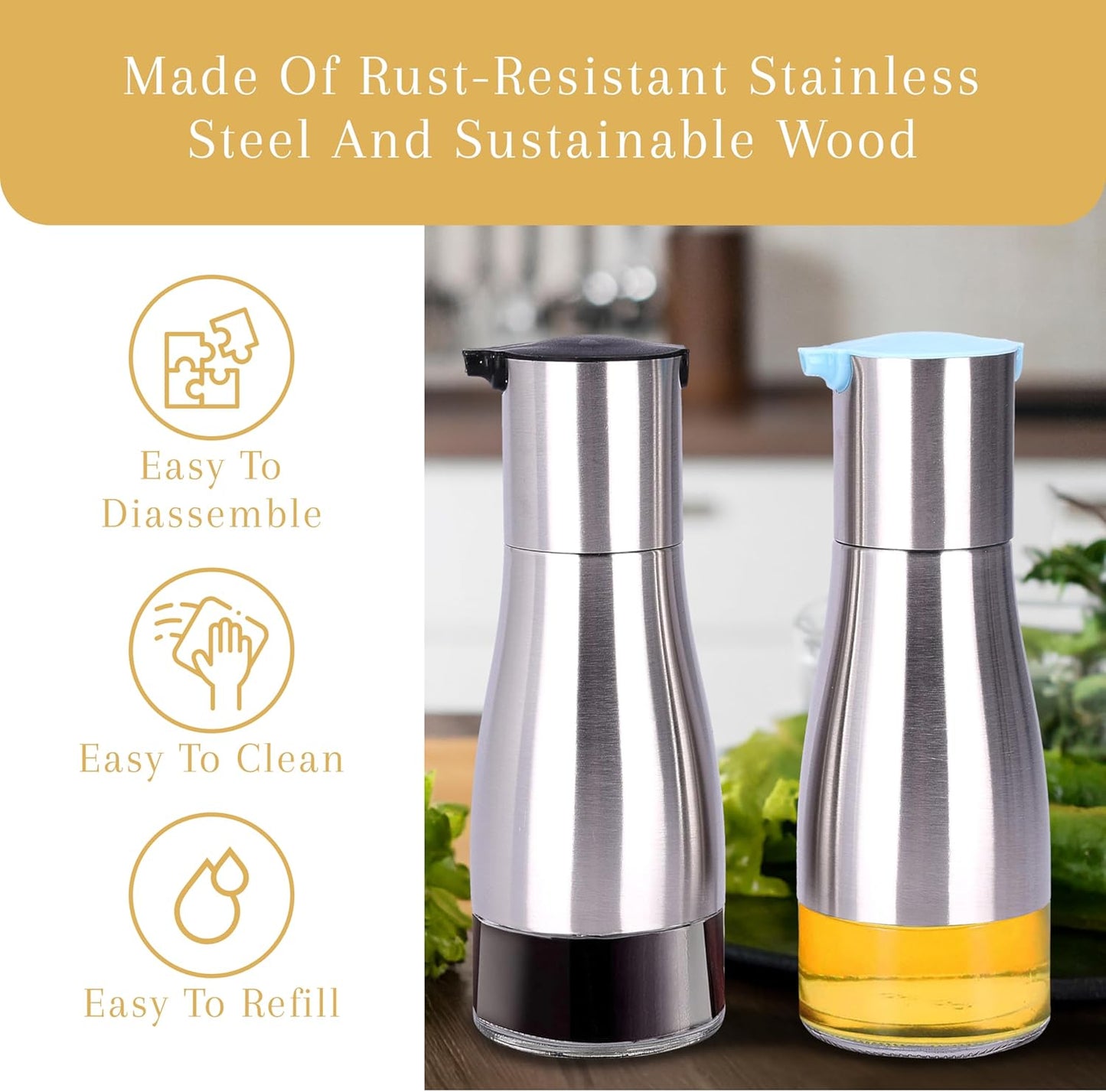 Oil and Vinegar Dispenser Set - Brushed Steel & Glass Containers with Anti-Drip Spout Lid - Easy-Clean - Olive Oil Dispenser Bottle - Minimalist Kitchen Accessory - 7.1"H x 2.7"L x 2.7"W