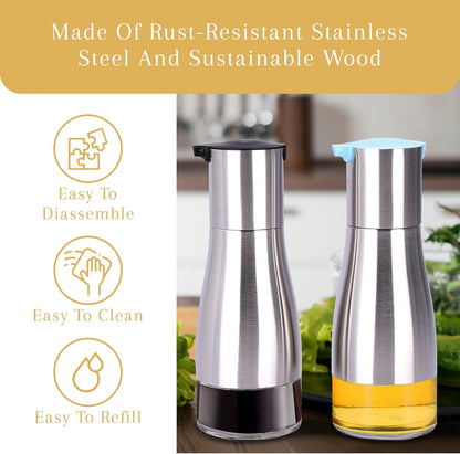Oil and Vinegar Dispenser Set - Brushed Steel & Glass Containers with Anti-Drip Spout Lid - Easy-Clean - Olive Oil Dispenser Bottle - Minimalist Kitchen Accessory - 7.1"H x 2.7"L x 2.7"W