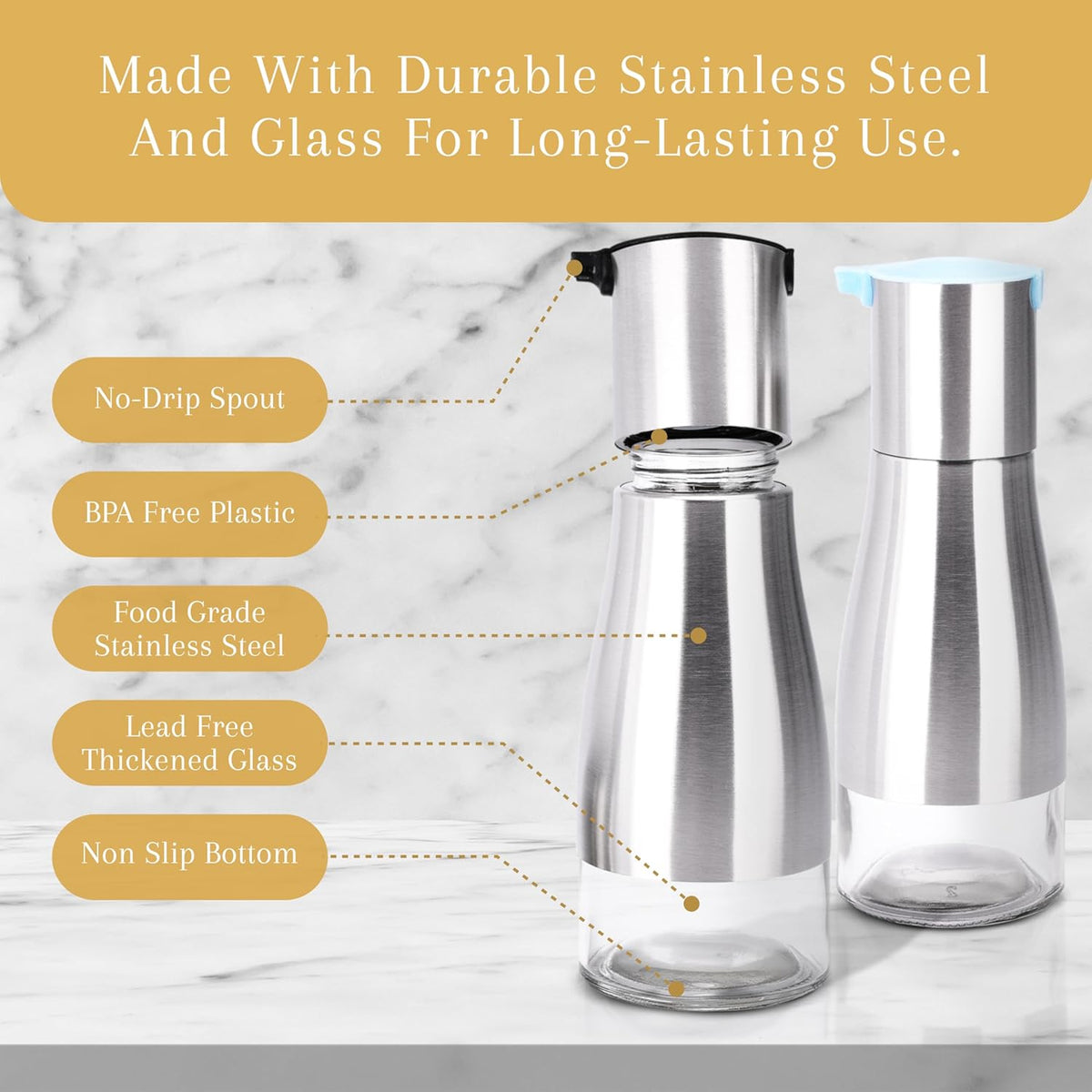 Oil and Vinegar Dispenser Set - Brushed Steel & Glass Containers with Anti-Drip Spout Lid - Easy-Clean - Olive Oil Dispenser Bottle - Minimalist Kitchen Accessory - 7.1"H x 2.7"L x 2.7"W