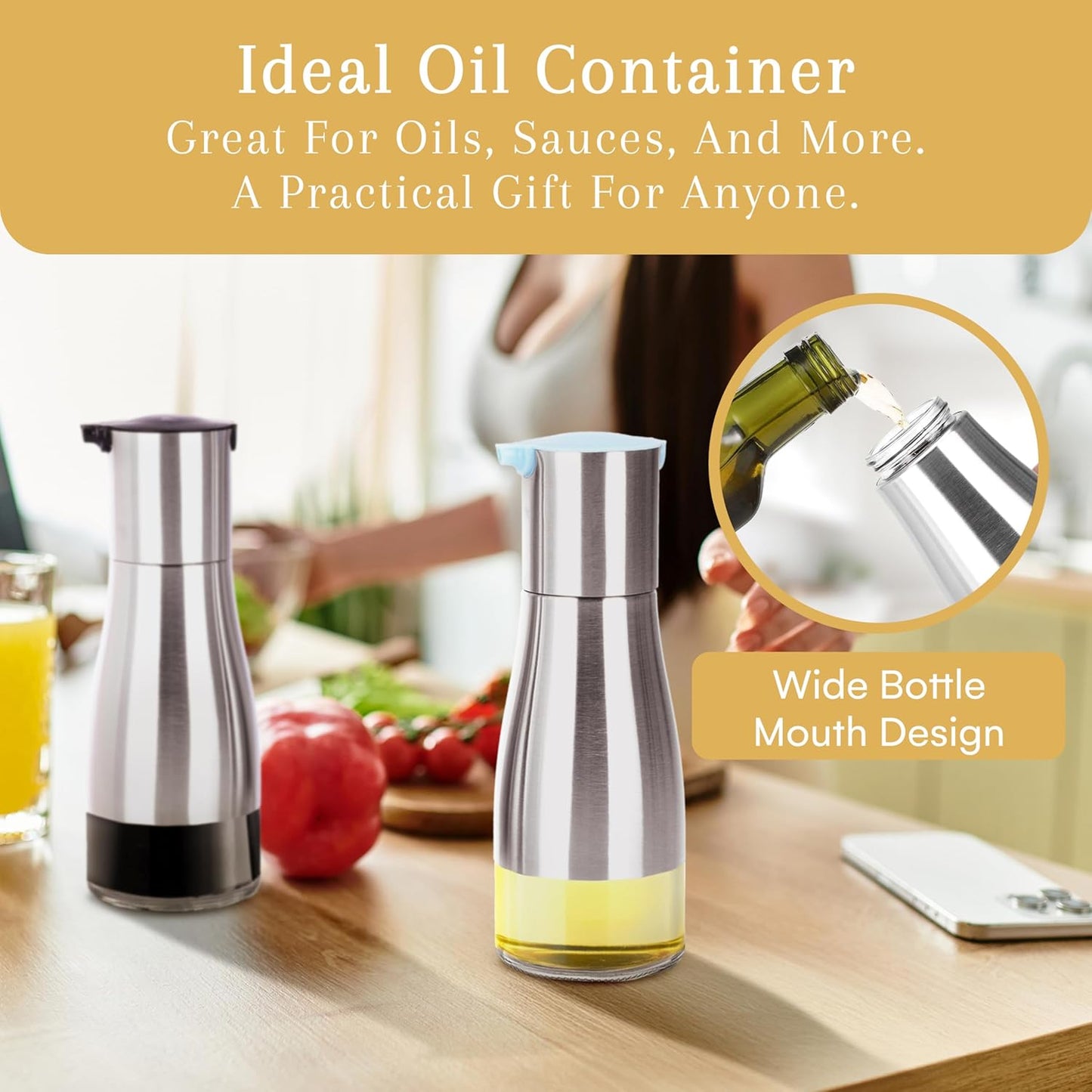 Oil and Vinegar Dispenser Set - Brushed Steel & Glass Containers with Anti-Drip Spout Lid - Easy-Clean - Olive Oil Dispenser Bottle - Minimalist Kitchen Accessory - 7.1"H x 2.7"L x 2.7"W